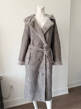 Women's Gray Double-Breasted Shearling Coat with Belt